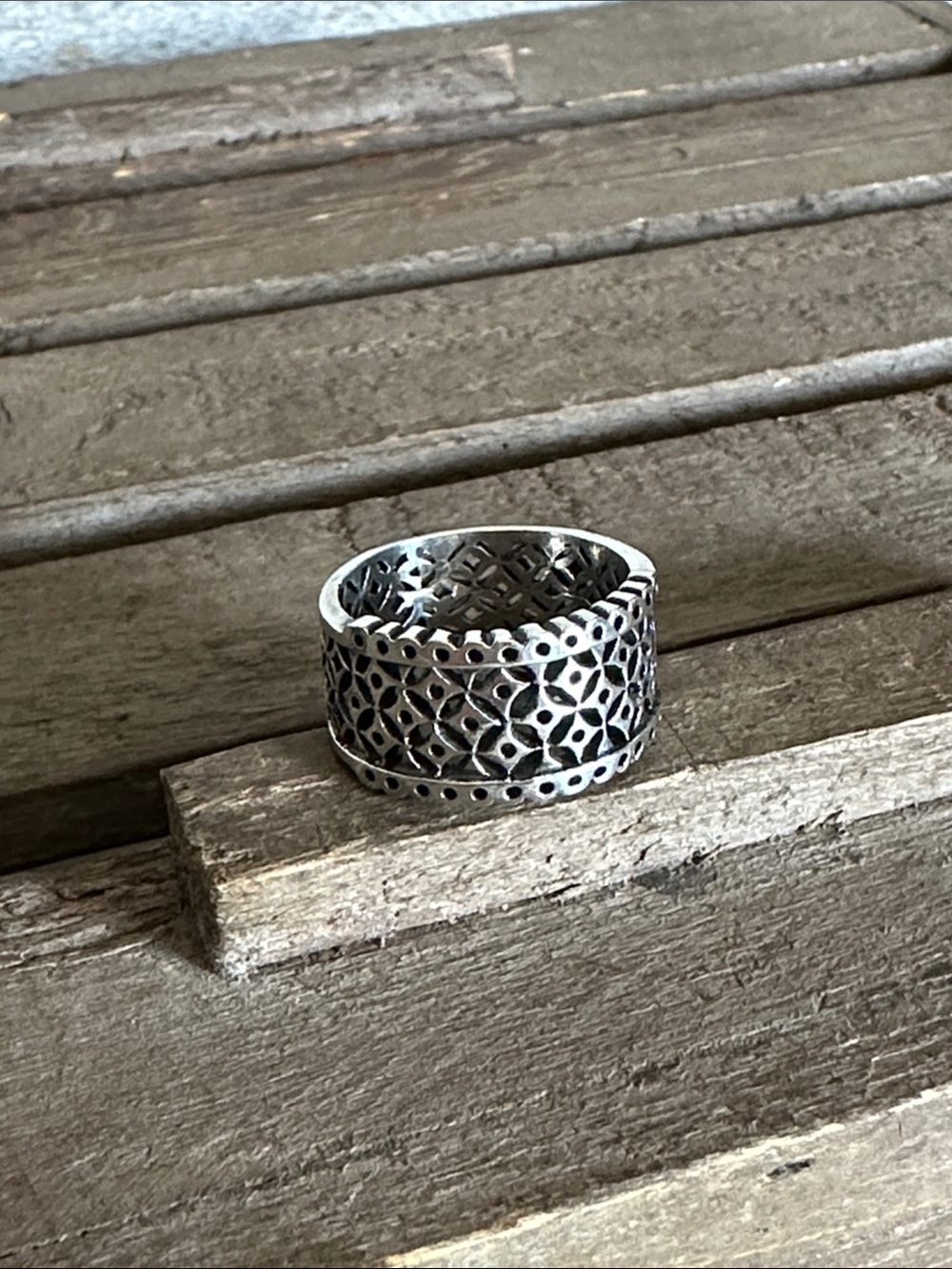 Sterling silver 925 wide mesh deco cut out solid stamped band ring size 8